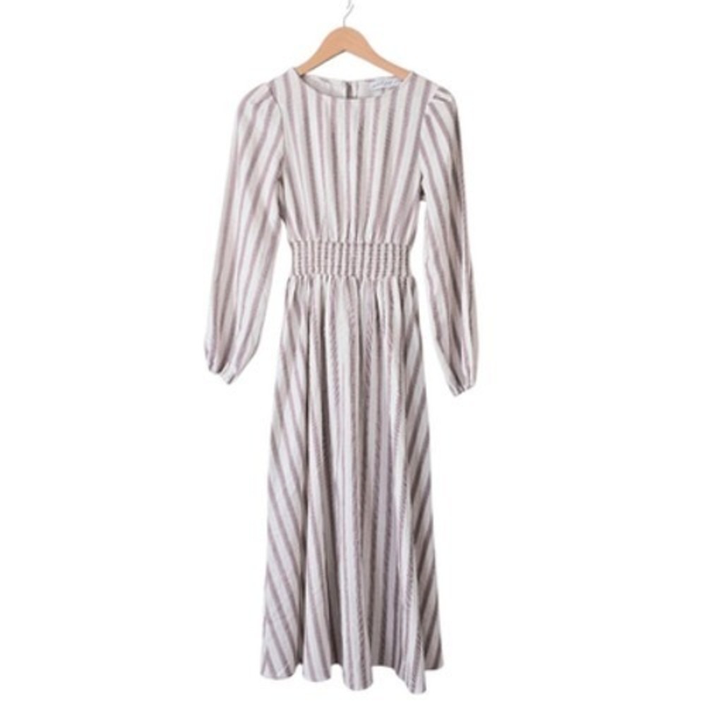 Petal & Pup Striped Smocked Waist Linen Blend Midi Dress Burgundy Neutral XL NEW - Picture 2 of 6